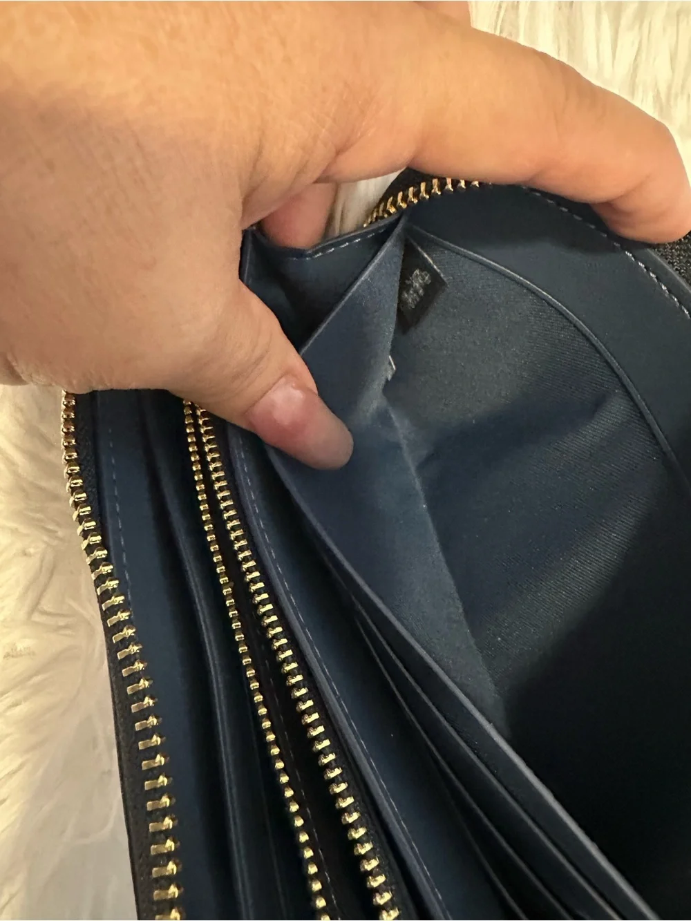 Coach Navy Pebbled Leather Zip Wallet with Gold Hardware and Tassel